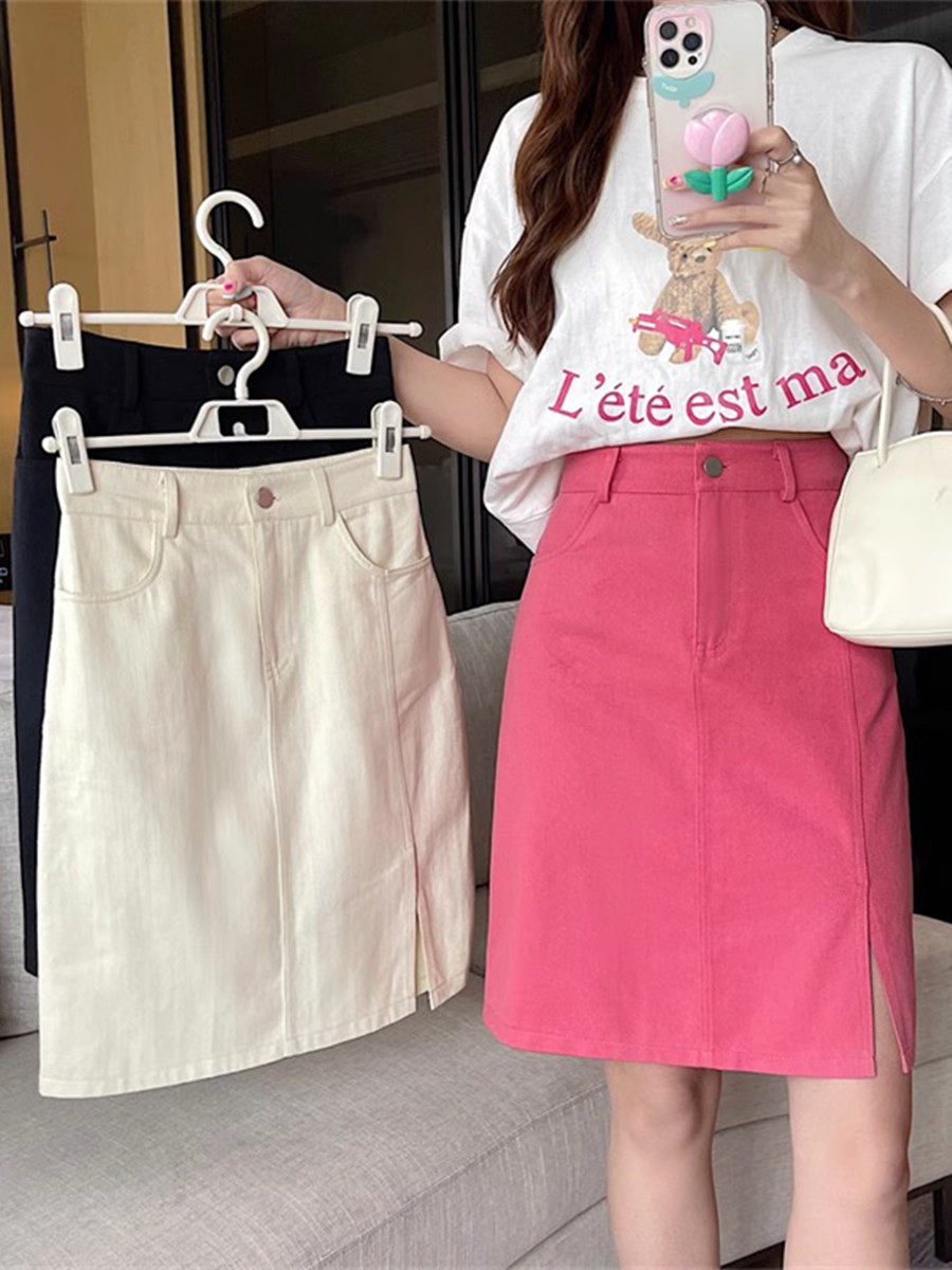 女装 サイドスリット入りデニム風台形スカート