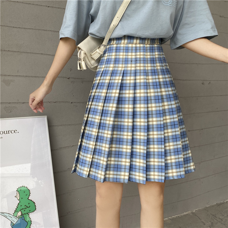 女装 爽やかチェック柄プリーツスカート膝丈