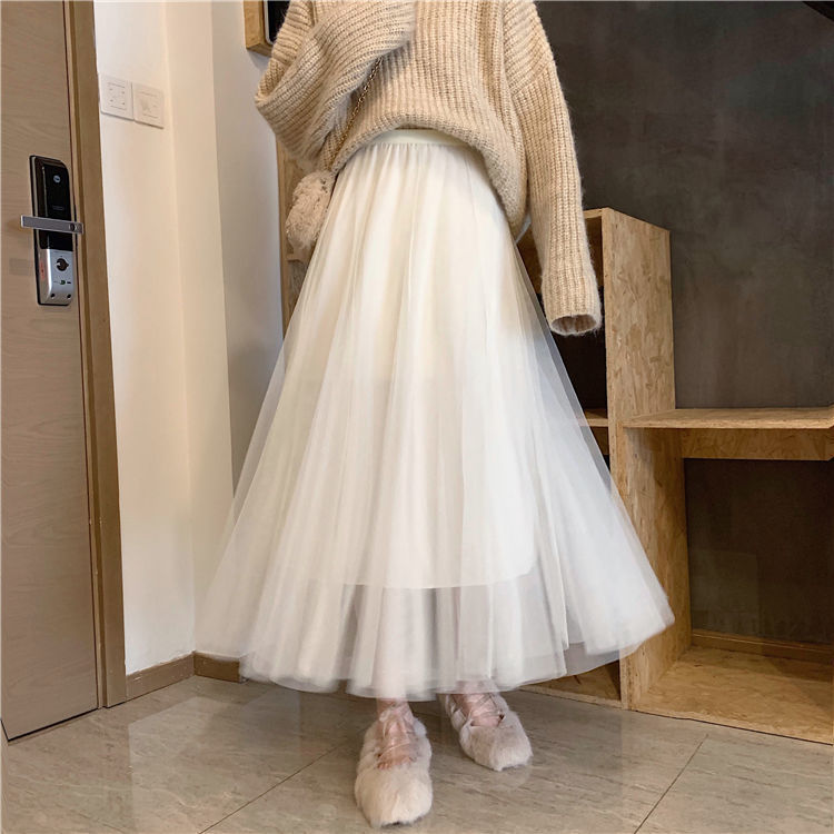 女装 ふわふわチュール重ね風ロングスカート