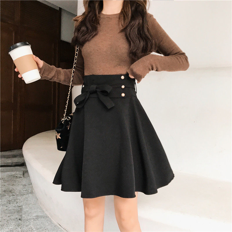 女装 リボンベルト付きハイウエストフレアスカート