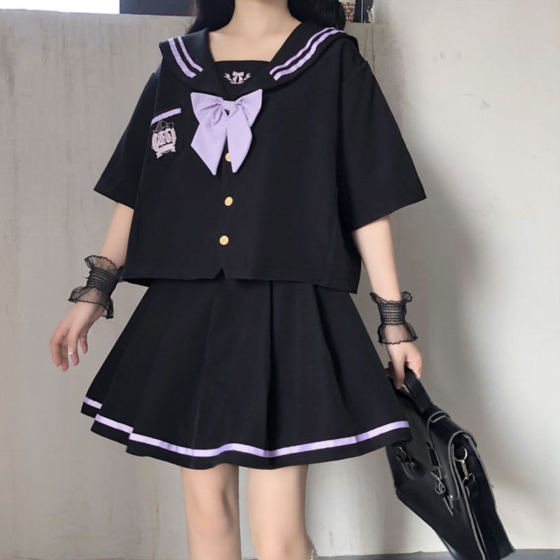 女装 襟ライン付き大きなリボン半袖セーラー服上下セット