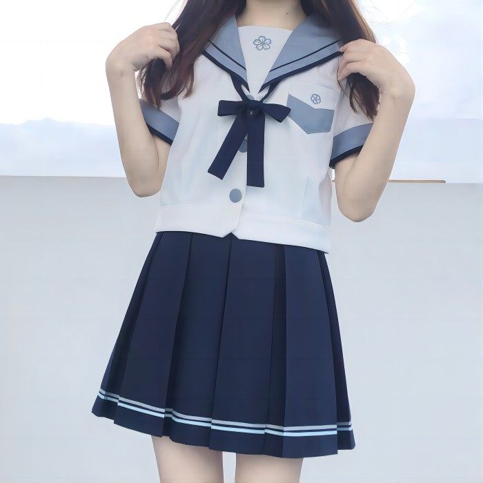 女装 爽やか襟配色リボン付き半袖セーラー服上下セット
