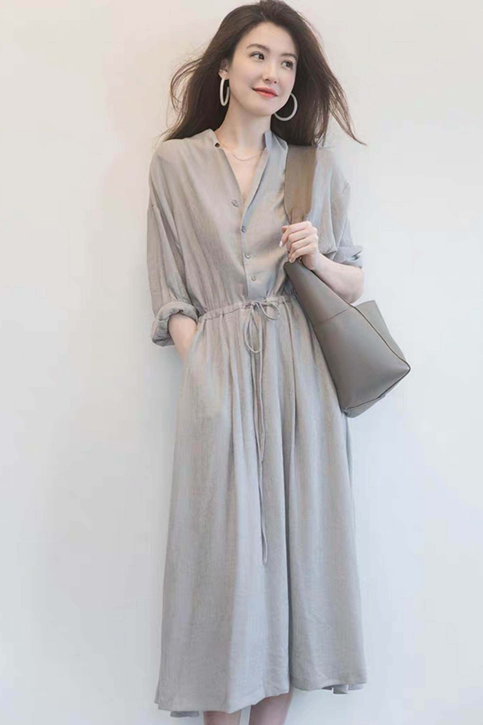 女装 開襟ウエストリボン七分袖ロングワンピース