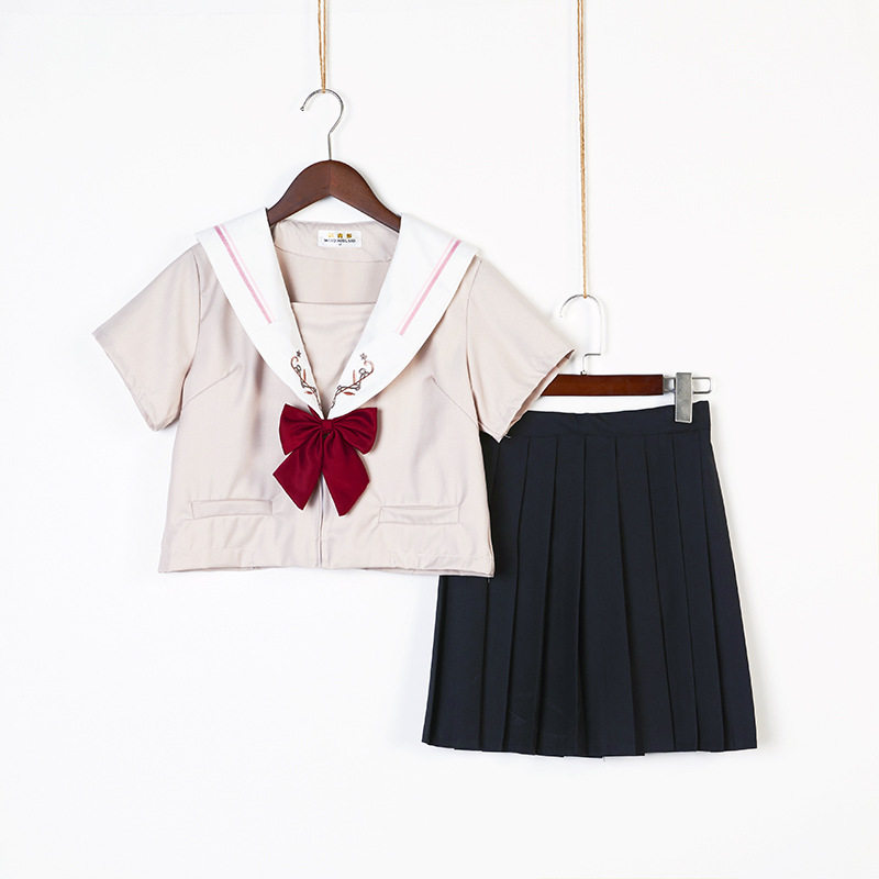 女装 清楚系刺繍入り襟リボン付きセーラー服上下セット