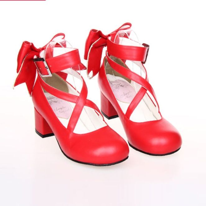 女装 大きなリボン付きクロスストラップ太踵メイド靴