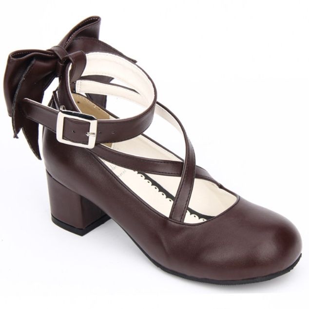 女装 大きなリボン付きクロスストラップ太踵メイド靴