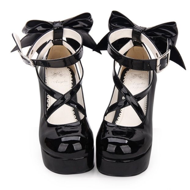 女装 リボン付き厚底クロスストラップメイドシューズ