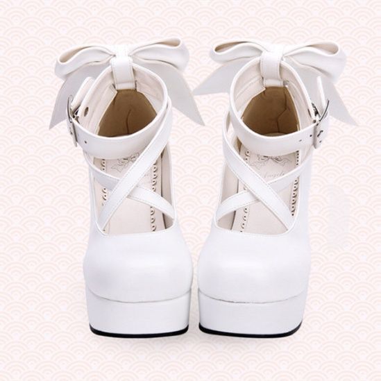 女装 リボン付き厚底クロスストラップメイドシューズ