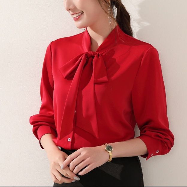 女装 エレガントリボン付きサテン調長袖ブラウス