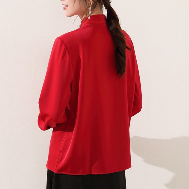 女装 エレガントリボン付きサテン調長袖ブラウス