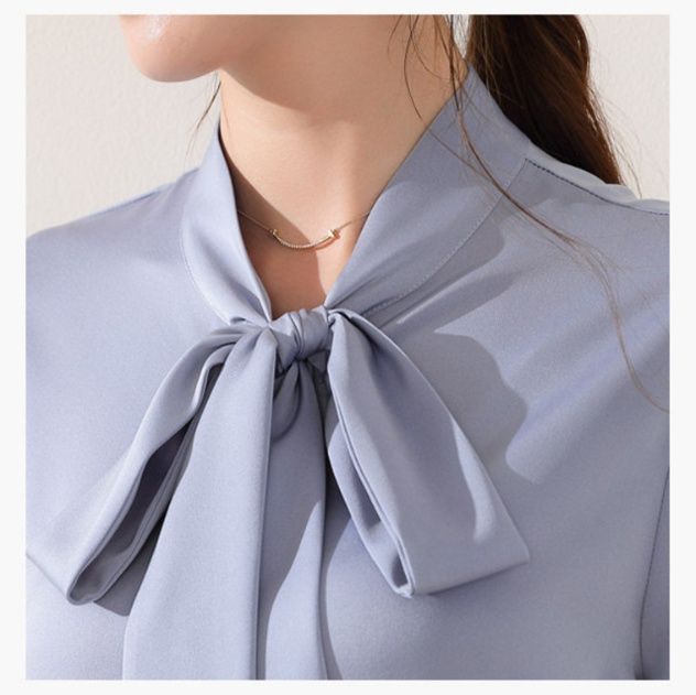 女装 エレガントリボン付きサテン調長袖ブラウス