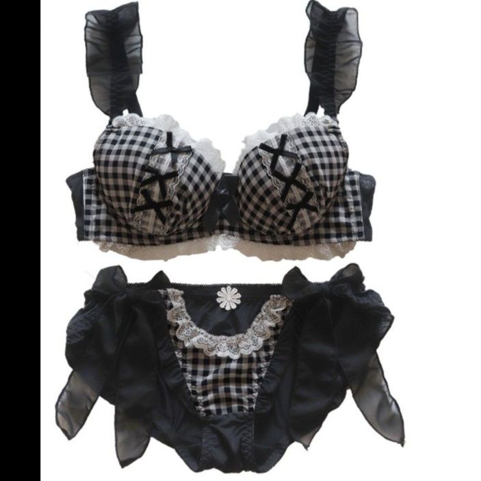 女装 格子柄リボン付きフリル華やか上下セット