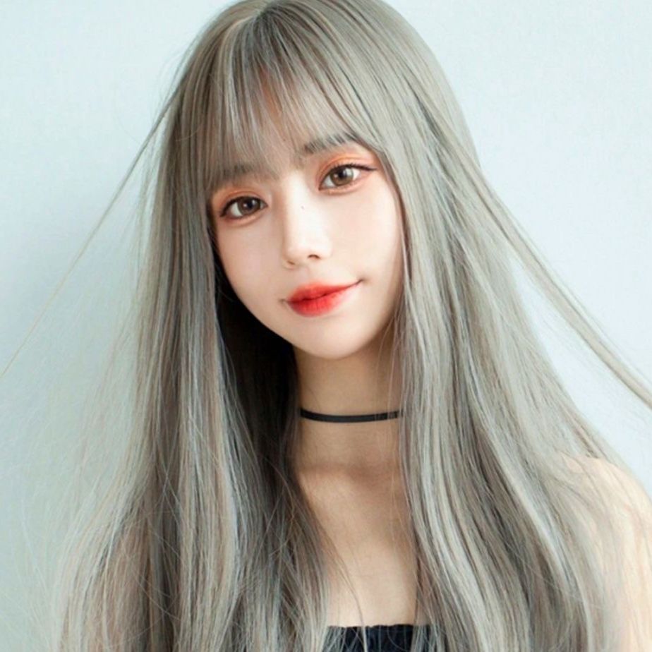 女装 ウィッグ 銀髪アッシュ ロング ぱっつん前髪 フルウィッグ