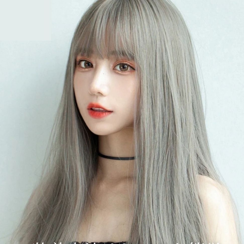 女装 ウィッグ 銀髪アッシュ ロング ぱっつん前髪 フルウィッグ