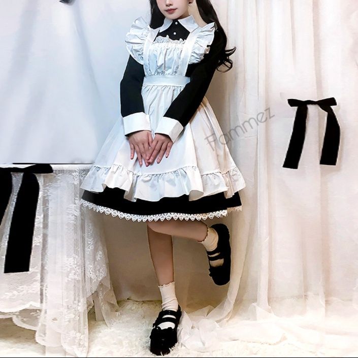 女装 姫系フリル付き長袖メイドワンピース衣装セット