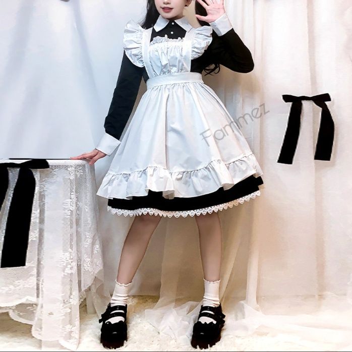 女装 姫系フリル付き長袖メイドワンピース衣装セット