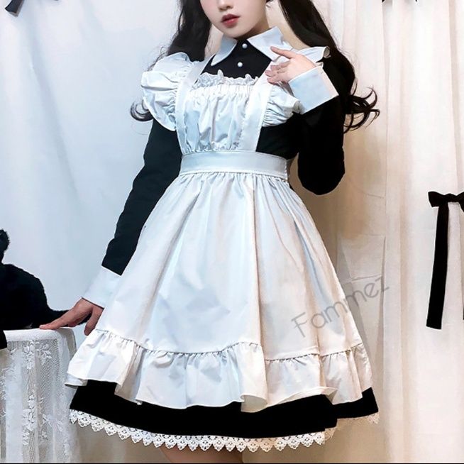 女装 姫系フリル付き長袖メイドワンピース衣装セット