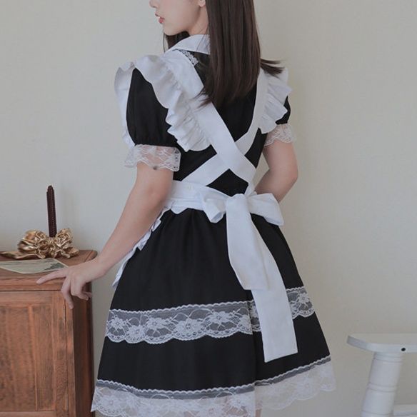 女装 背中交差リボン付き華やかフリル袖メイド服