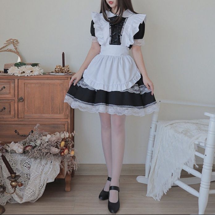 女装 背中交差リボン付き華やかフリル袖メイド服