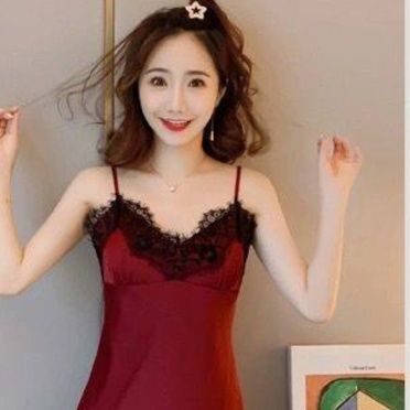 女装 艶やか光沢サテン胸元レース付きキャミソールワンピース