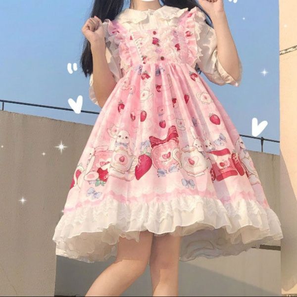 女装 苺うさぎ姫の甘ロリ風メイドワンピース
