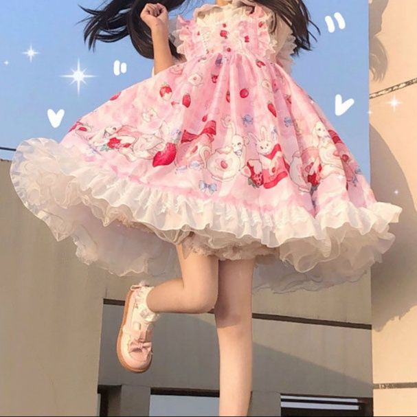 女装 苺うさぎ姫の甘ロリ風メイドワンピース