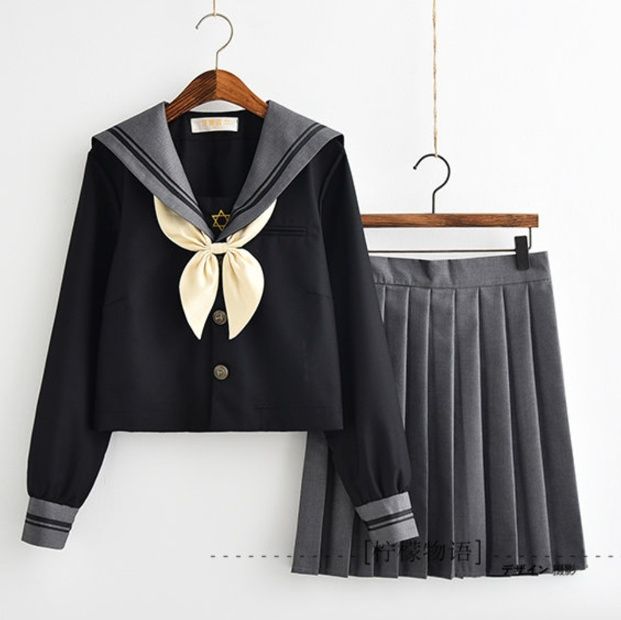 女装 配色切替セーラー服上下セット長袖プリーツスカート付