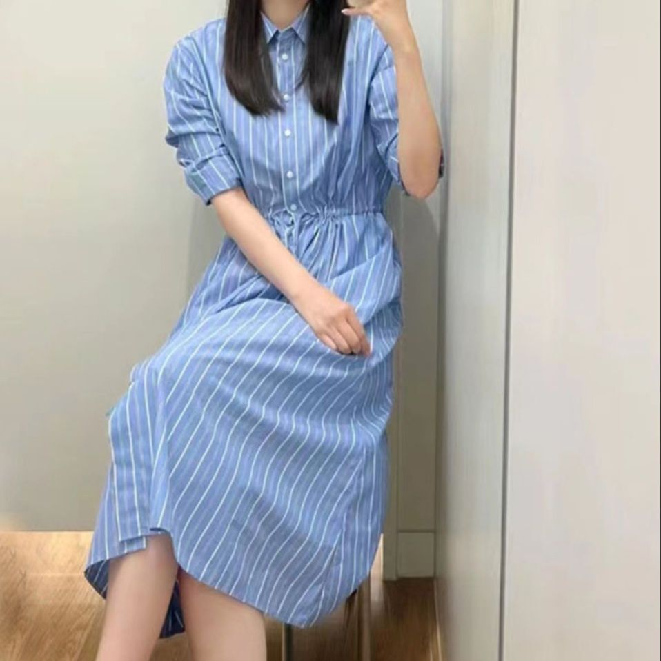 女装 襟付き半袖シャツ型ウエストリボンワンピース