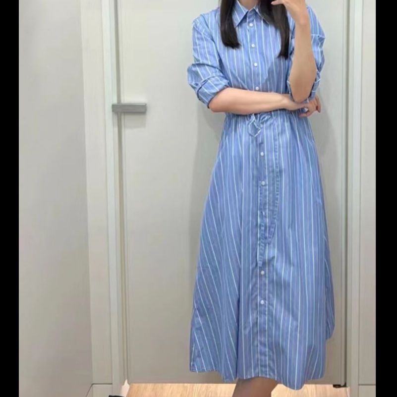 女装 襟付き半袖シャツ型ウエストリボンワンピース