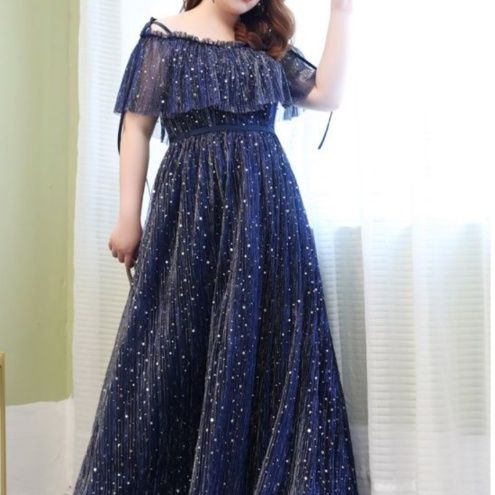 女装 星空煌めく肩開きチュールロングワンピース