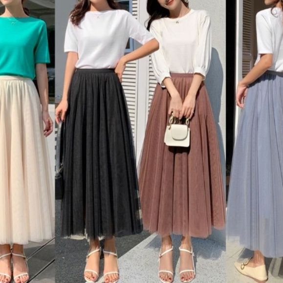 女装 ふんわりチュール素材のロング丈プリーツスカート
