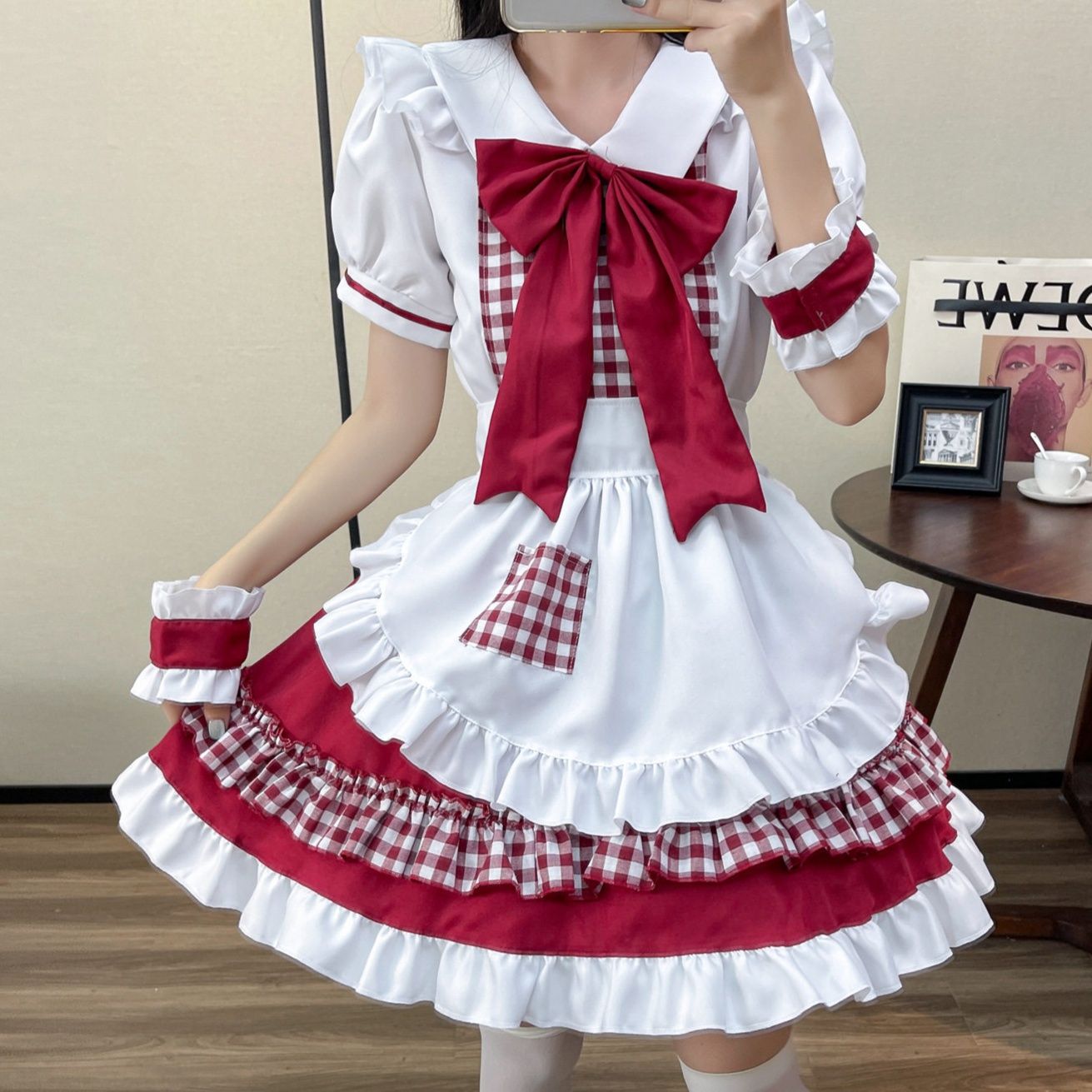 女装 ギンガムチェック柄フリル付き襟元リボンメイド服セット
