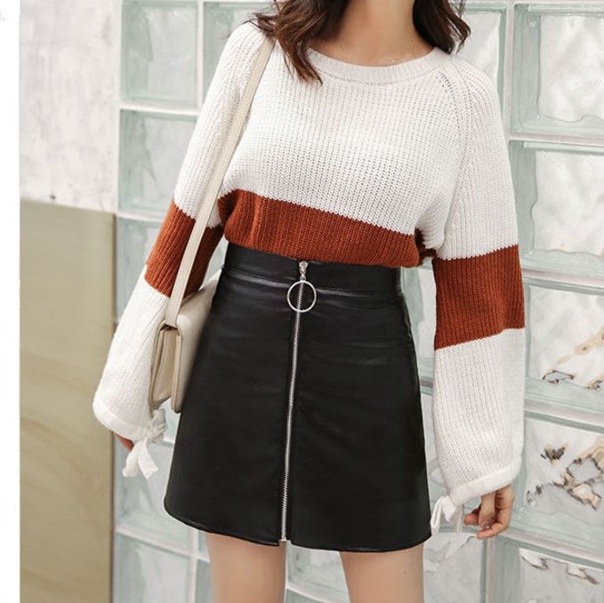 女装 合成皮革フロントジップ台形ミニスカート