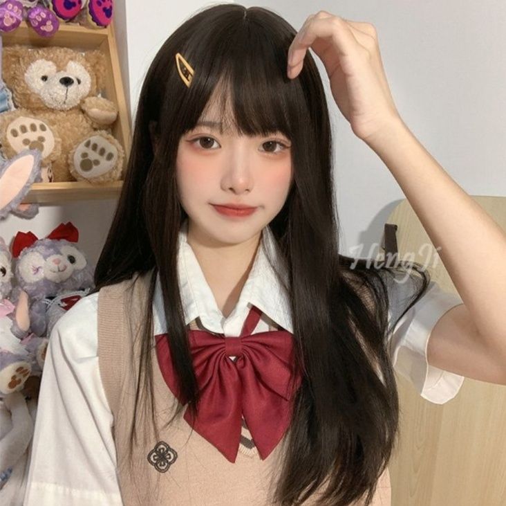 女装 可愛い前髪ぱっつん清純系ロングストレートウィッグ