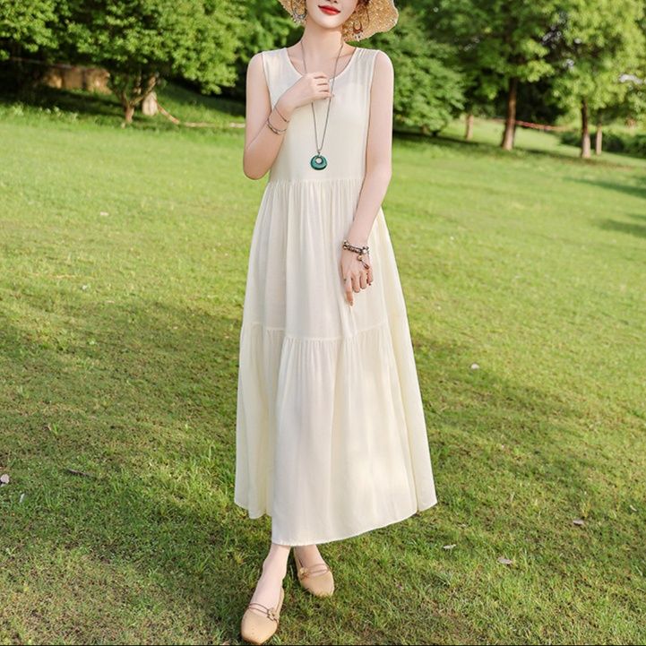 女装 ティアード切替ノースリーブロングワンピース