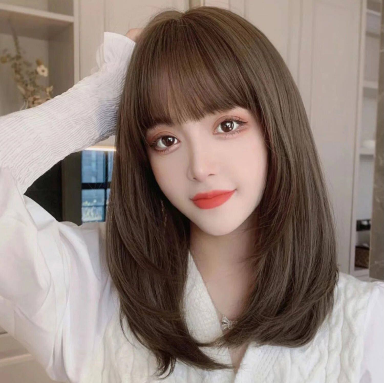 女装 前髪ぱっつんミディアムストレートウィッグ
