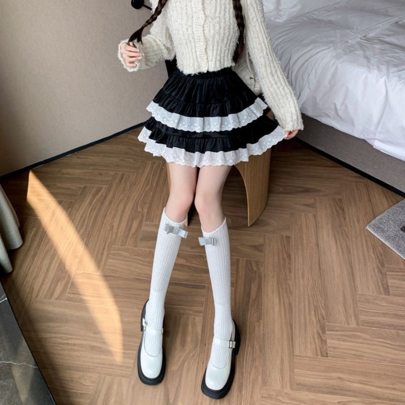 女装 レース切り替えティアードミニスカート