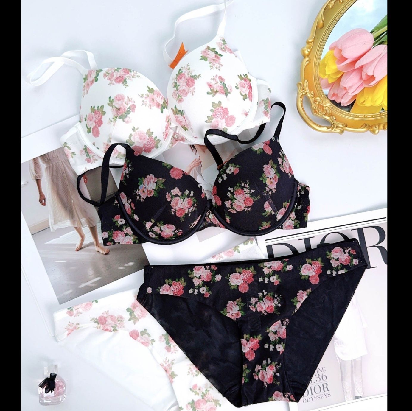 女装 薔薇柄プリント総花模様ブラジャーショーツセット
