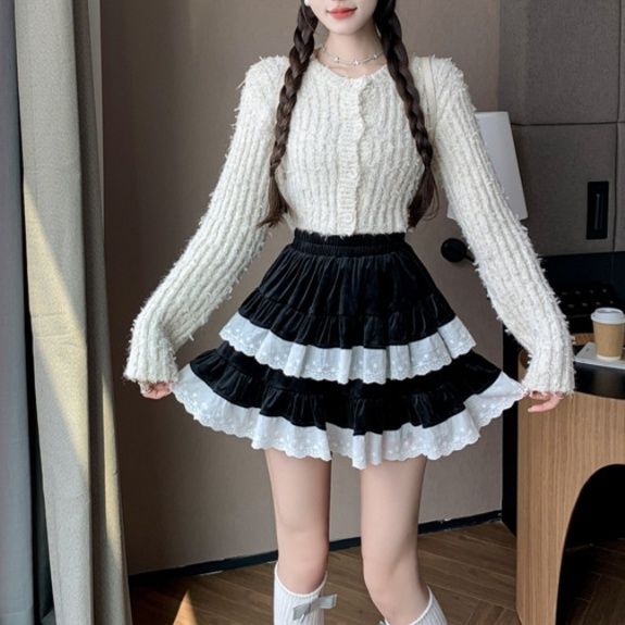 女装 レース切り替えティアードミニスカート