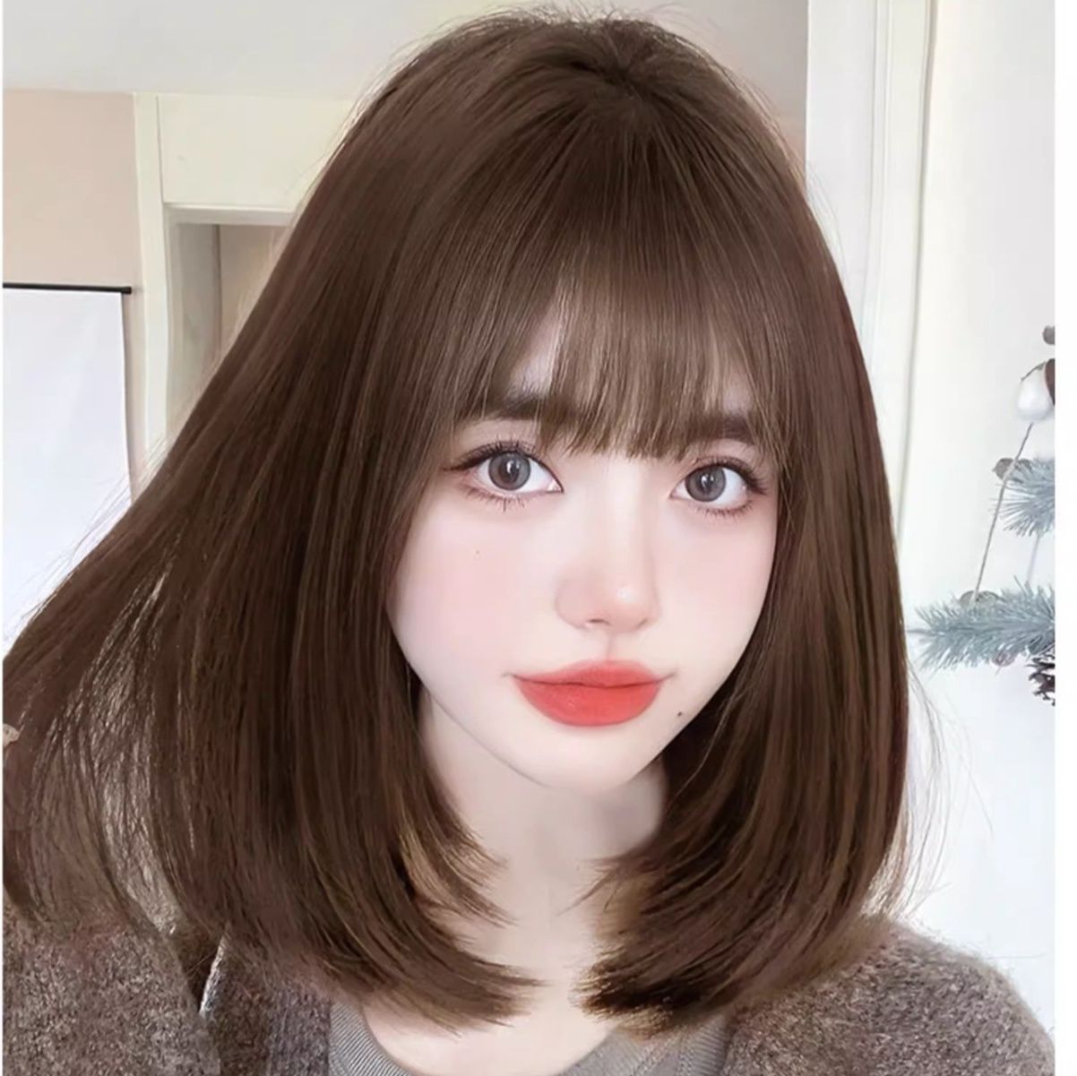女装 ふんわり前髪の鎖骨丈ミディアムストレートウィッグ