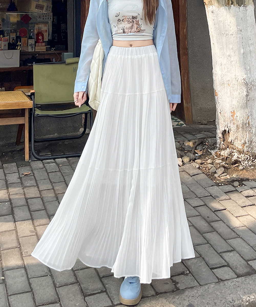 女装 シフォンプリーツロングスカート 段階層スカート