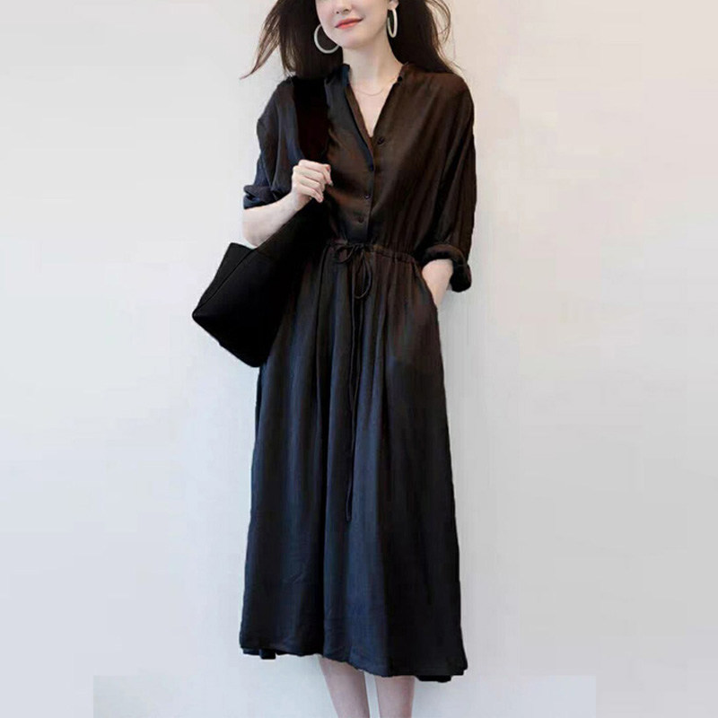 女装 開襟ウエストリボン七分袖ロングワンピース