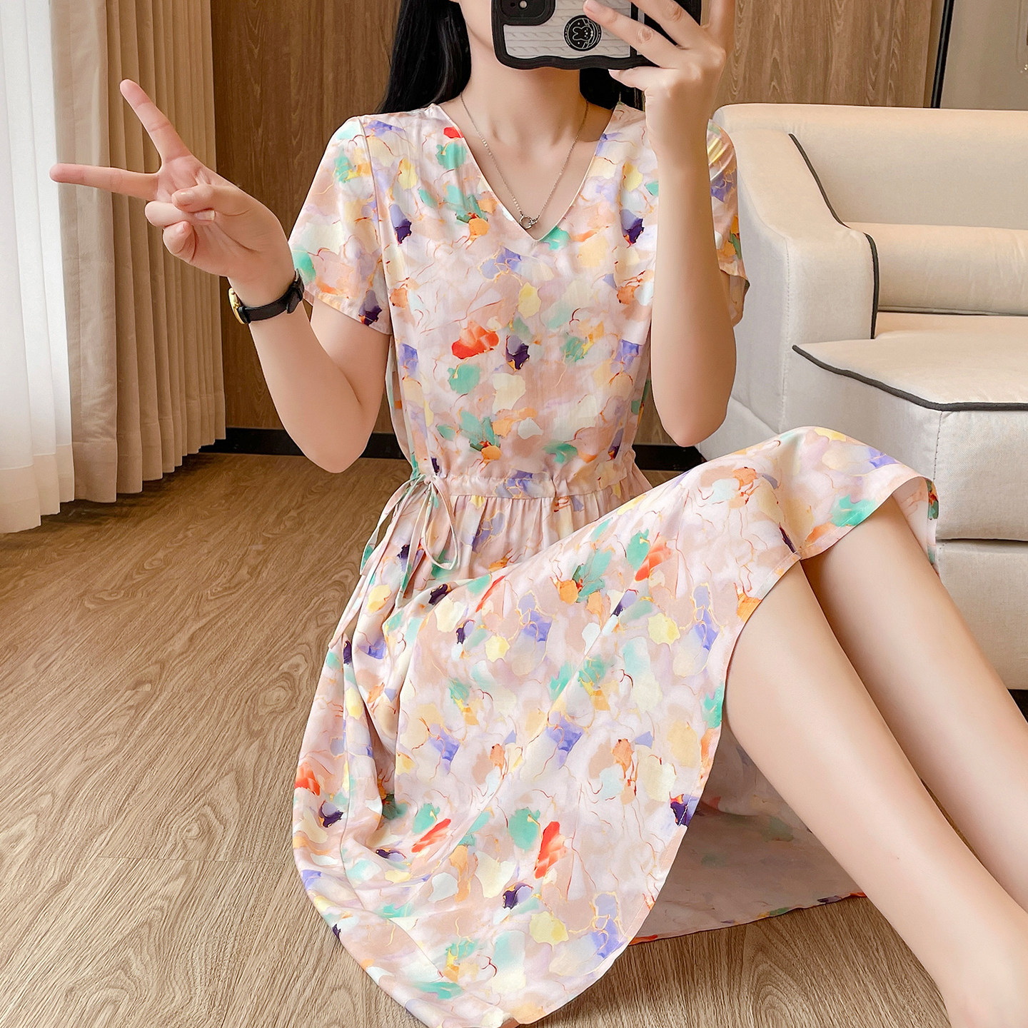 女装 小花柄ボタニカル半袖ウエストギャザーワンピース