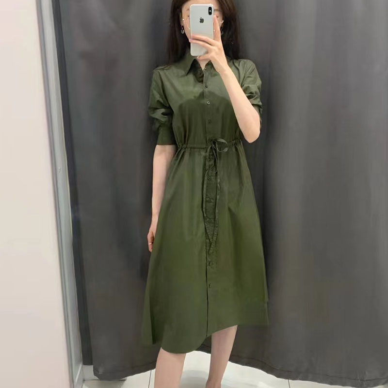 女装 襟付き半袖シャツ型ウエストリボンワンピース