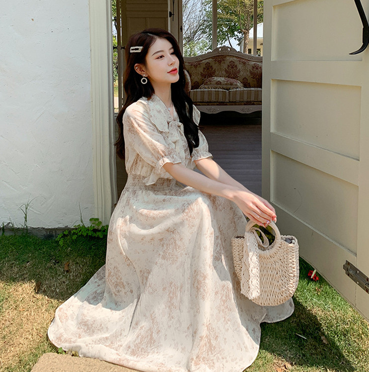 女装 花柄ボウタイワンピース ピンク系 大きいサイズ対応 上品長袖