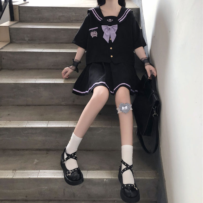 女装 襟ライン付き大きなリボン半袖セーラー服上下セット