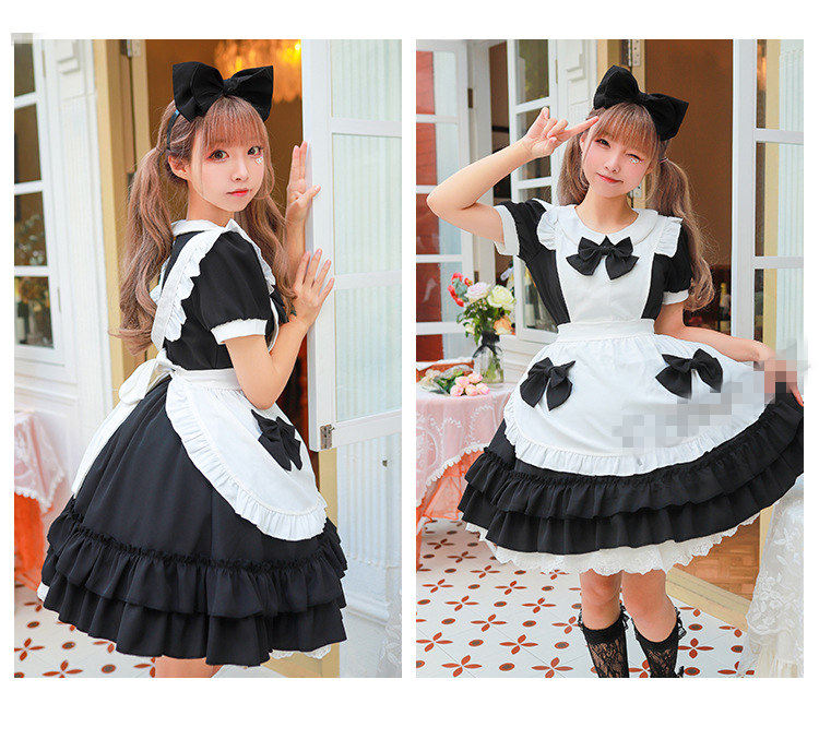 女装 フリル段々スカート猫耳リボン付きメイド服セット