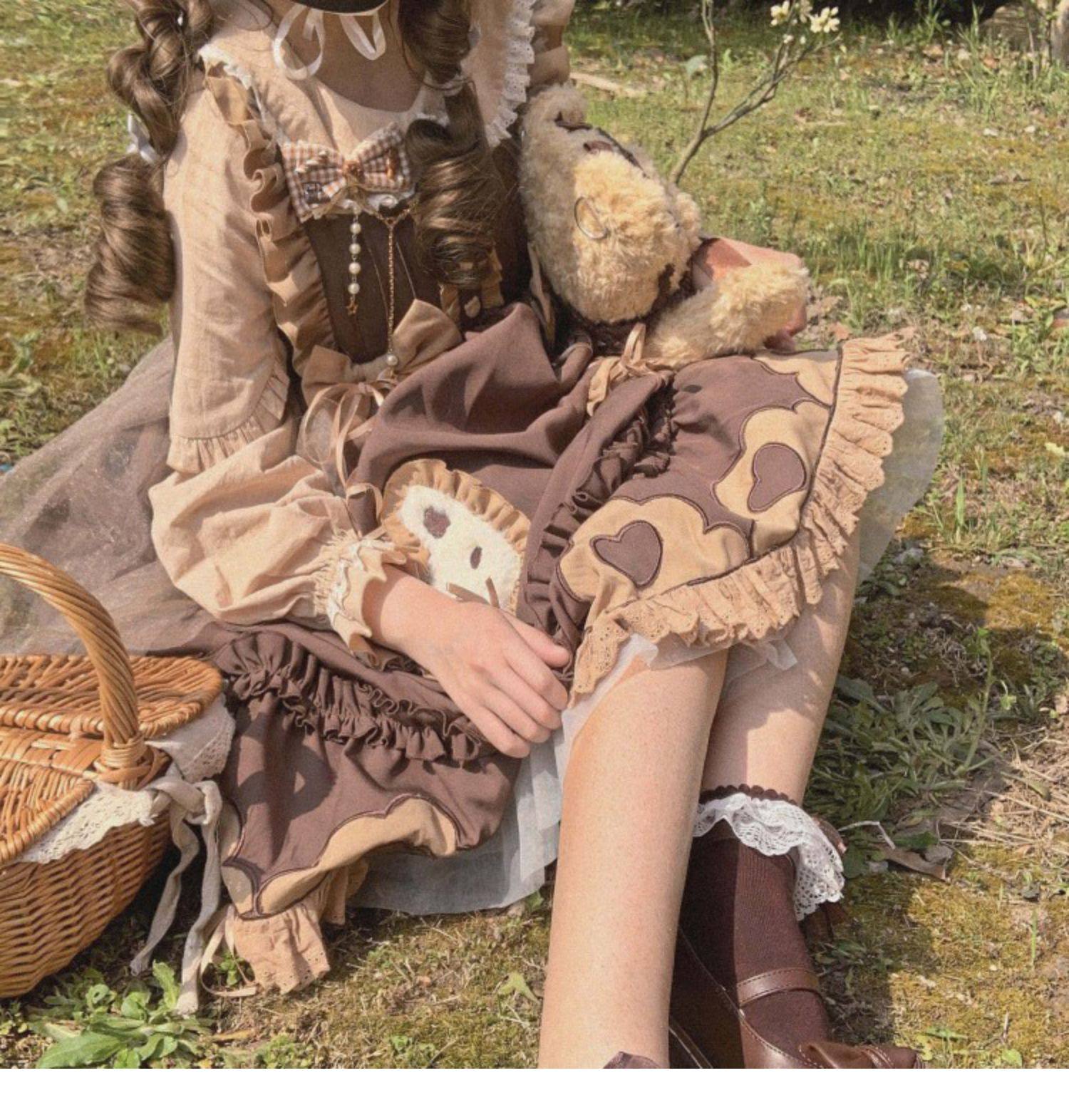 女装 甘姫フリル付きリボン装飾メイドワンピース