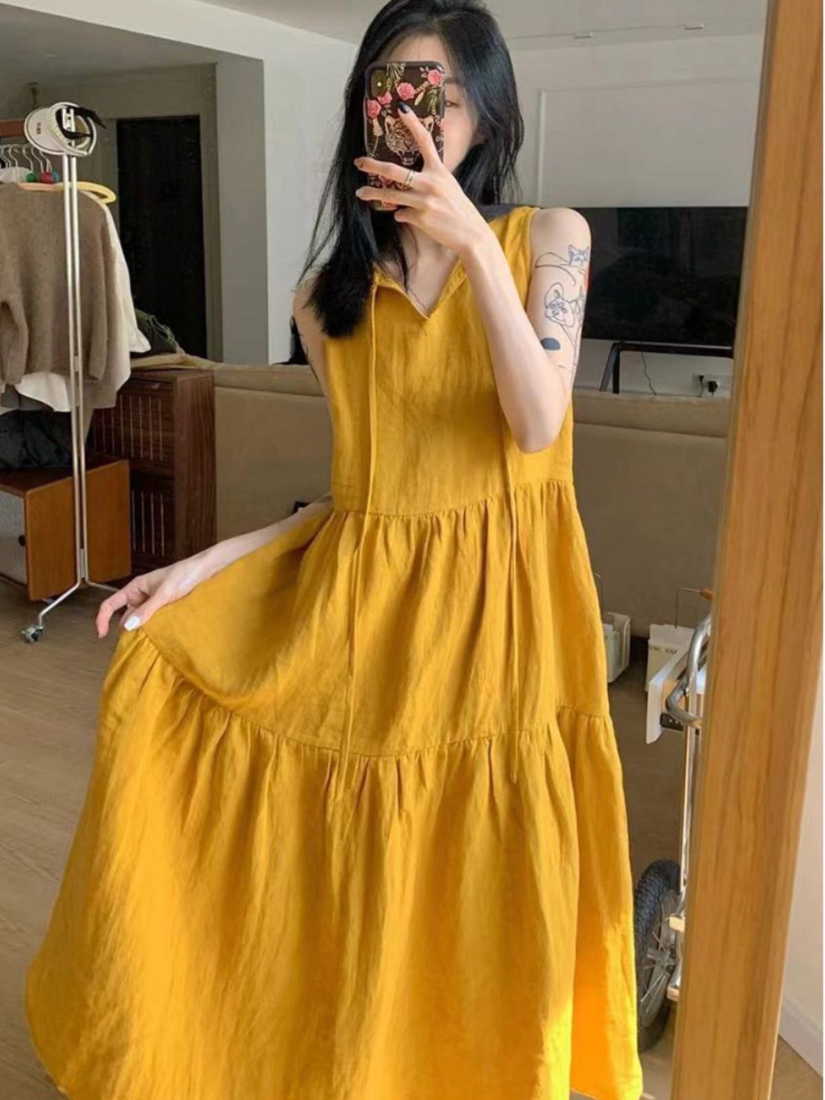 女装 ティアードフリル襟なしノースリーブロングワンピース