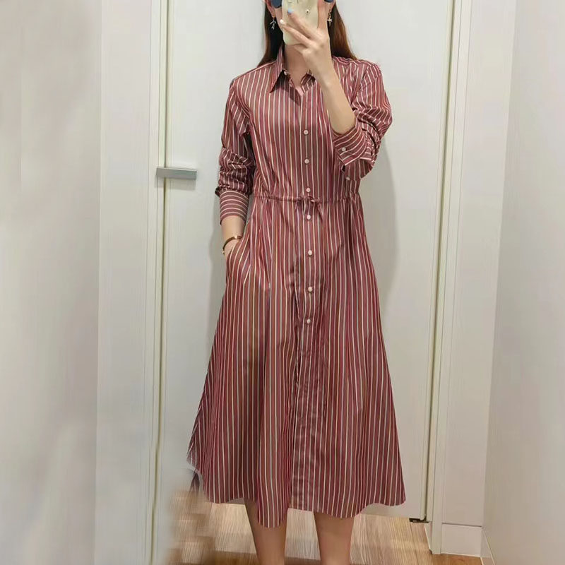 女装 襟付き半袖シャツ型ウエストリボンワンピース